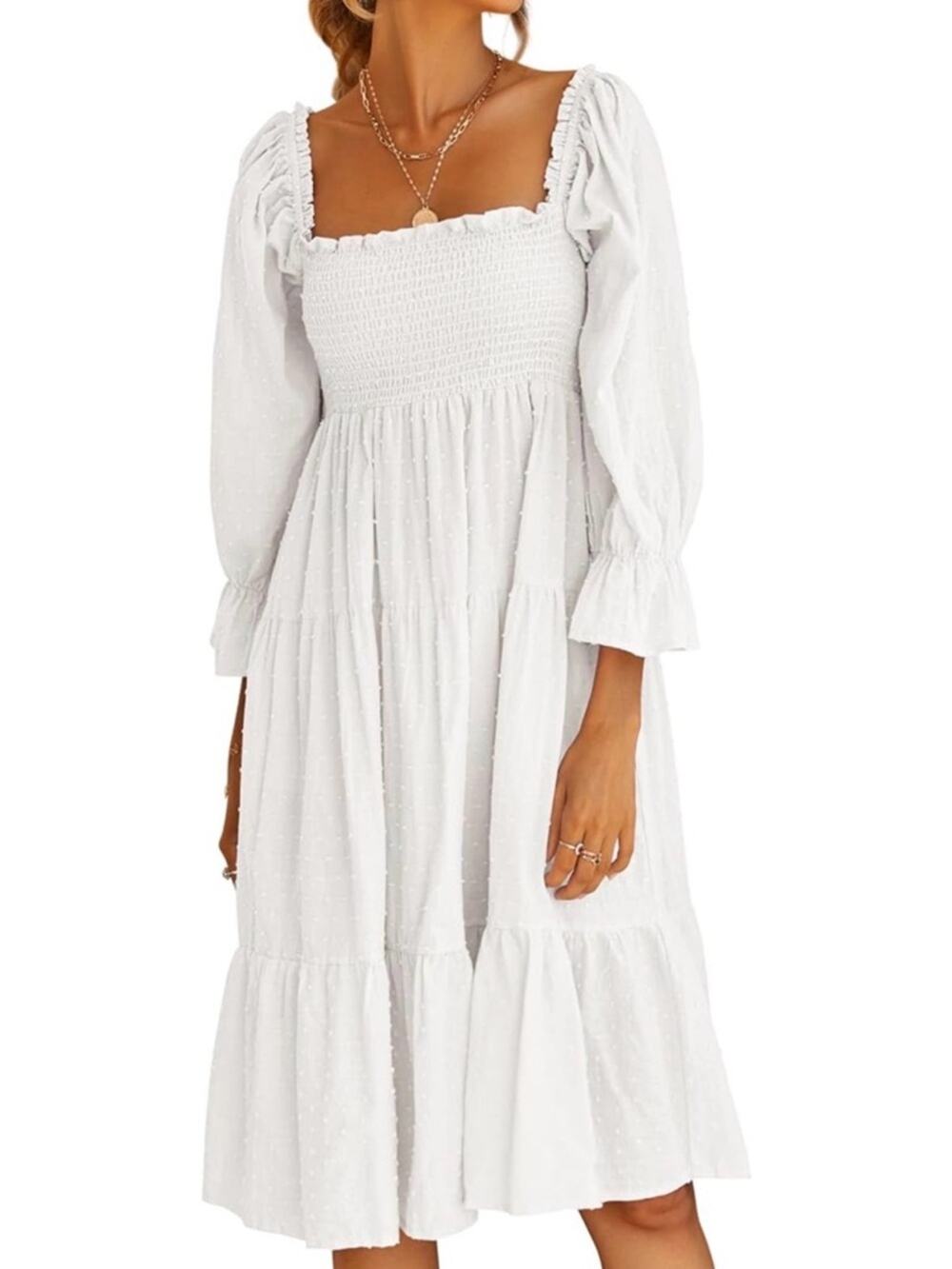 NWT White Swiss Dot Milkmaid Dress Smocked Maxi Puff Sleeve Cottagecore Boho L